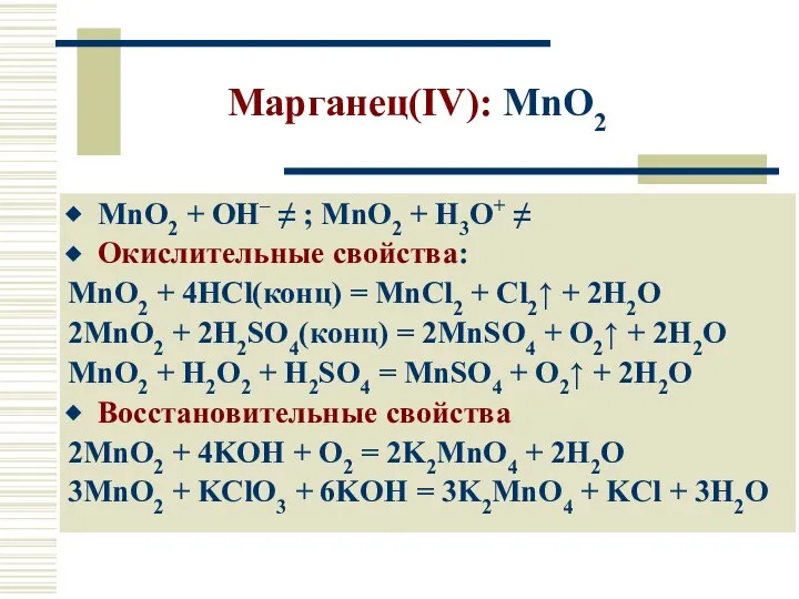 Марганец(IV): MnO2 MnO2 + OH– ≠ ; MnO2 + H3O+ ≠