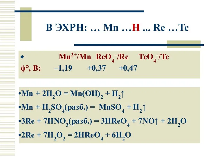 В ЭХРН: … Mn …H ... Re …Tc Mn2+/Mn ReO4–/Re TcO4–/Tc