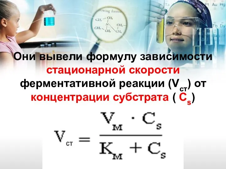 Они вывели формулу зависимости стационарной скорости ферментативной реакции (Vст) от концентрации субстрата ( Cs)