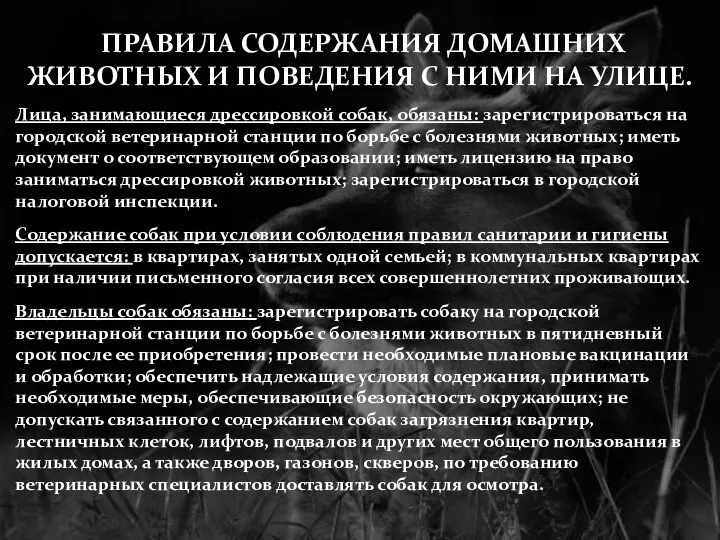 Лица, занимающиеся дрессировкой собак, обязаны: зарегистрироваться на городской ветеринарной станции по