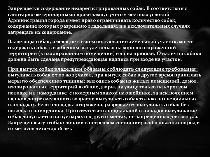 Запрещается содержание незарегистрированных собак. В соответствии с санитарно-ветеринарными правилами, с учетом