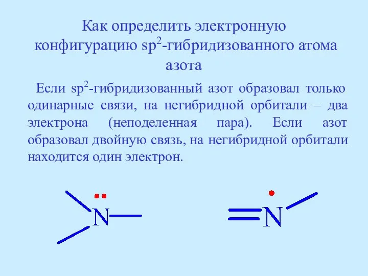 Как определить электронную конфигурацию sp2-гибридизованного атома азота Если sp2-гибридизованный азот образовал