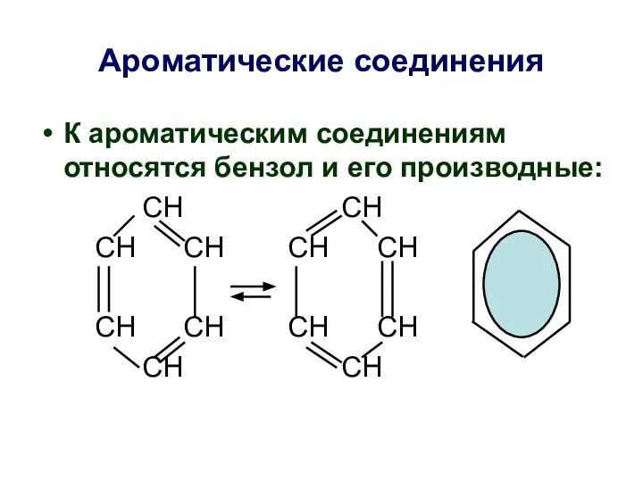 Ароматические соединения К ароматическим соединениям относятся бензол и его производные: СН