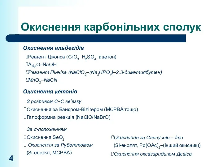 Окиснення карбонільних сполук Реагент Джонса (CrO3–H2SO4–ацетон) Ag2O–NaOH Реагент Пінніка (NaClO2–(Na2HPO4)–2,3-диметилбутен) MnO2–NaCN