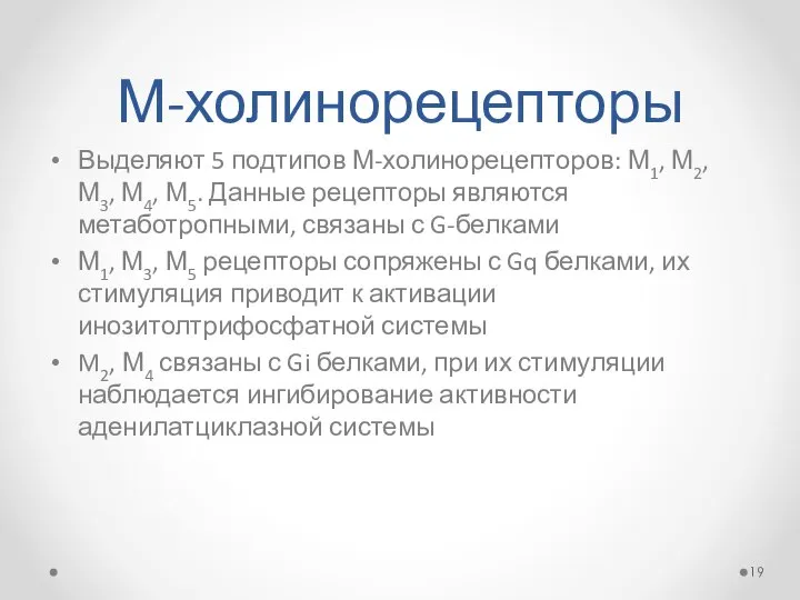 М-холинорецепторы Выделяют 5 подтипов М-холинорецепторов: М1, М2, М3, М4, М5. Данные