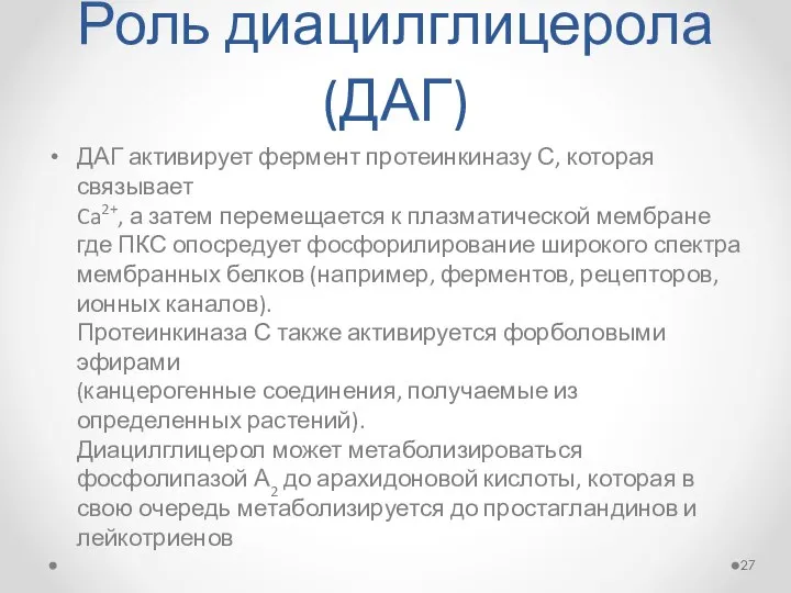 Роль диацилглицерола (ДАГ) ДАГ активирует фермент протеинкиназу С, которая связывает Ca2+,