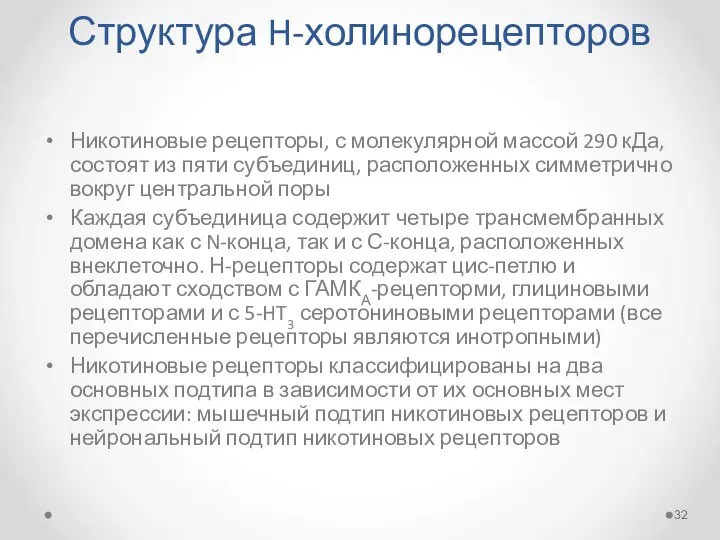 Структура H-холинорецепторов Никотиновые рецепторы, с молекулярной массой 290 кДа, состоят из