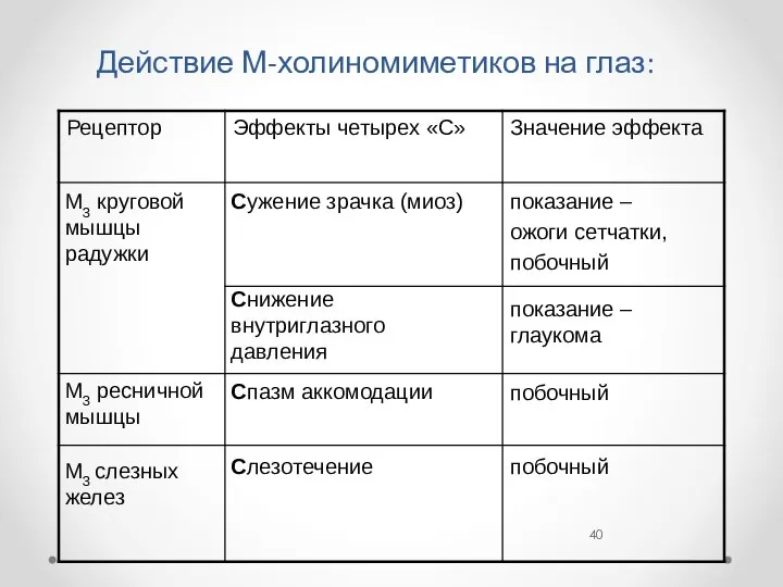 Действие М-холиномиметиков на глаз: М3 круговой мышцы радужки М3 ресничной мышцы