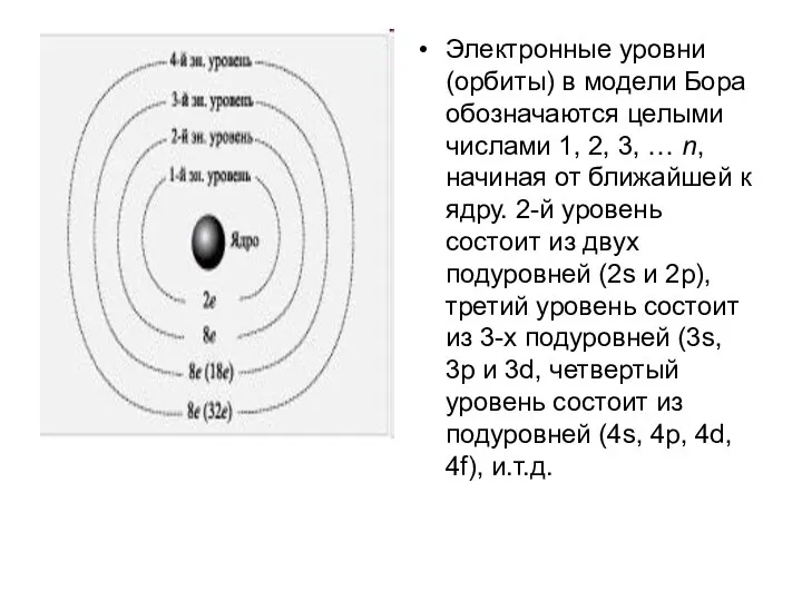 Электронные уровни (орбиты) в модели Бора обозначаются целыми числами 1, 2,