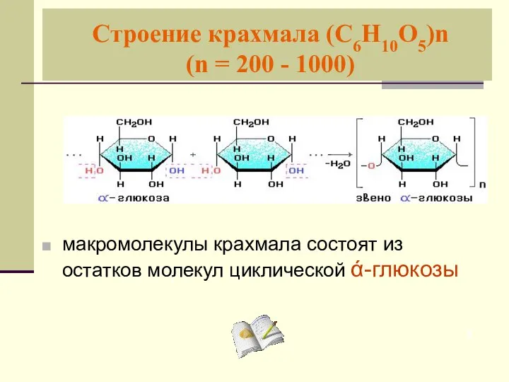 Строение крахмала (С6Н10О5)n (n = 200 - 1000) макромолекулы крахмала состоят из остатков молекул циклической ά-глюкозы