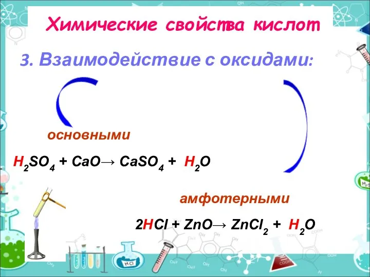 Химические свойства кислот 3. Взаимодействие с оксидами: H2SO4 + CаO→ CаSO4