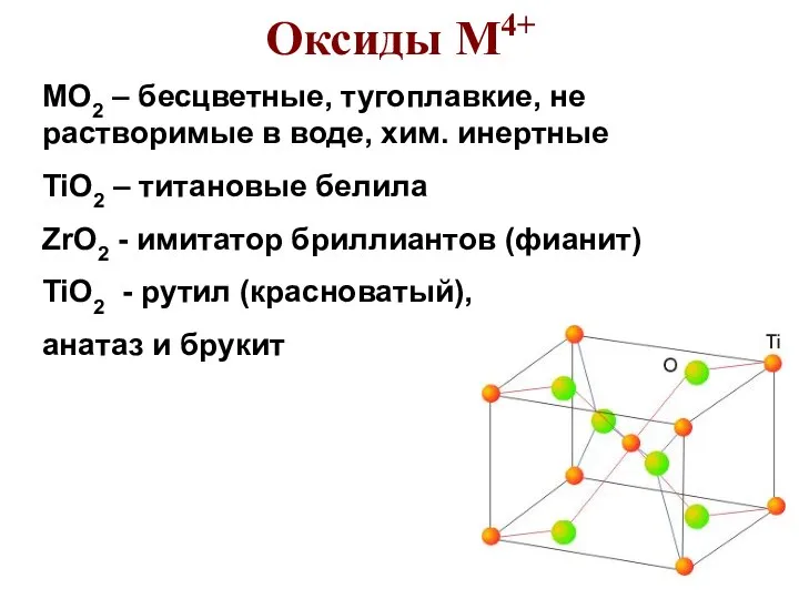 Оксиды М4+ MO2 – бесцветные, тугоплавкие, не растворимые в воде, хим.