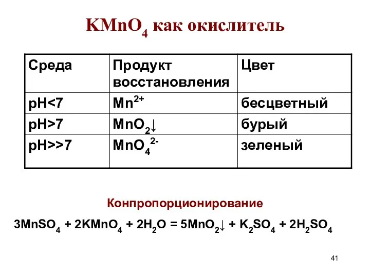 KMnO4 как окислитель Конпропорционирование 3MnSO4 + 2KMnO4 + 2H2O = 5MnO2↓ + K2SO4 + 2H2SO4