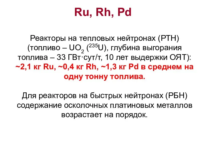 Ru, Rh, Pd Реакторы на тепловых нейтронах (РТН) (топливо – UO2