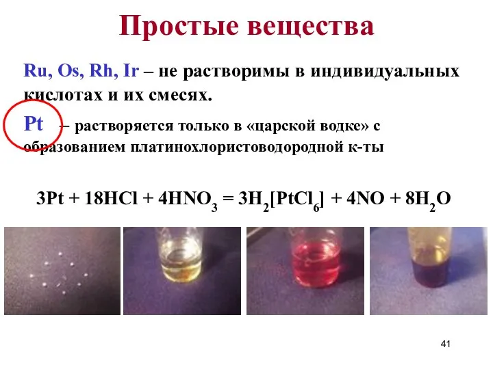 Простые вещества Ru, Os, Rh, Ir – не растворимы в индивидуальных