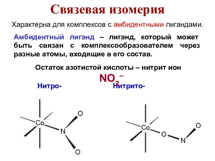 Характерна для комплексов с амбидентными лигандами. Амбидентный лиганд – лиганд, который
