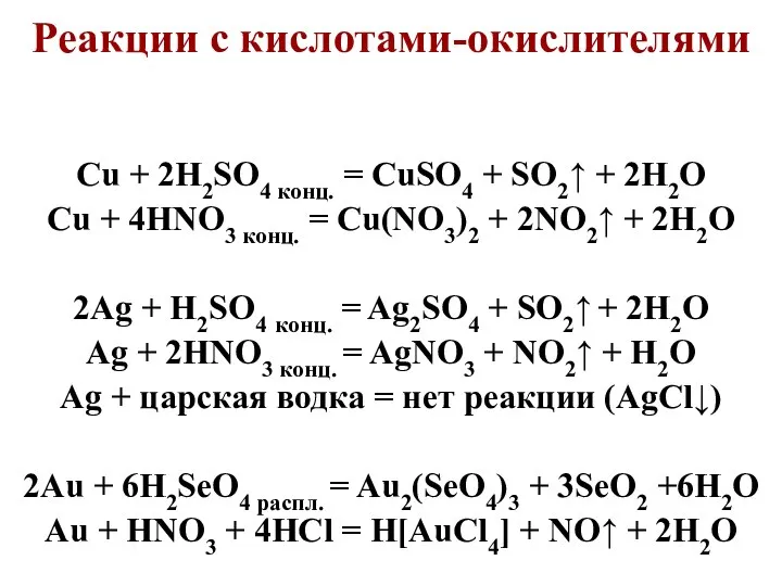 Реакции с кислотами-окислителями Cu + 2H2SO4 конц. = CuSO4 + SO2↑