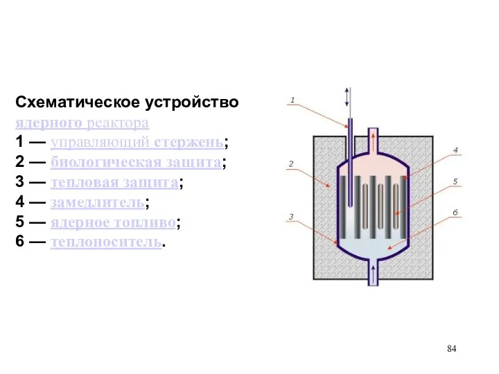 Схематическое устройство ядерного реактора 1 — управляющий стержень; 2 — биологическая
