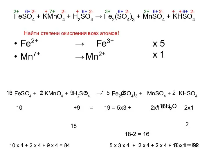 FeSO4 + KMnO4 + H2SO4 → Fe2(SO4)3 + MnSO4 + KHSO4