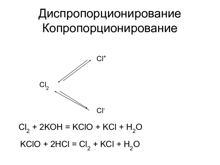 Диспропорционирование Копропорционирование Cl2 Cl+ Cl- Cl2 + 2KOH = KClO +