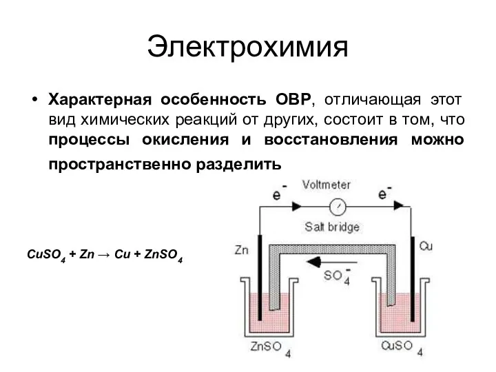 Электрохимия Характерная особенность ОВР, отличающая этот вид химических реакций от других,