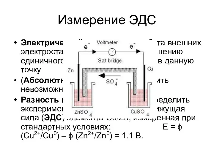 Измерение ЭДС Электрический потенциал – работа внешних электростатических сил по перемещению