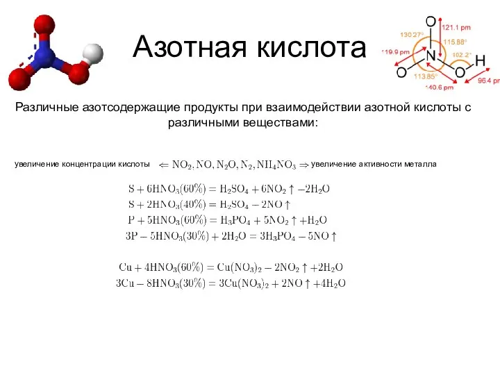 Азотная кислота Различные азотсодержащие продукты при взаимодействии азотной кислоты с различными