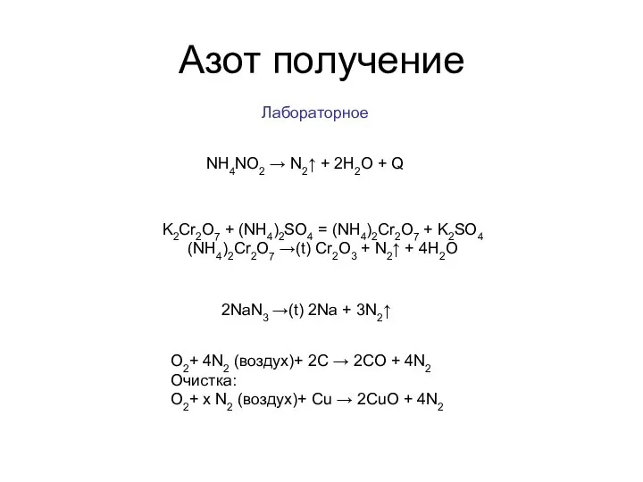 Азот получение Лабораторное NH4NO2 → N2↑ + 2H2O + Q K2Cr2O7