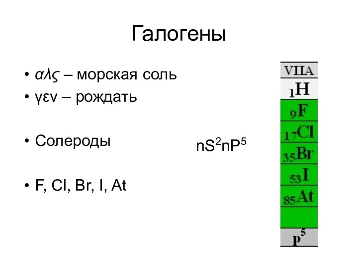 Галогены αλς – морская соль γεν – рождать Солероды F, Cl, Br, I, At nS2nP5