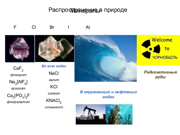 Распространение в природе F Cl Br I At 0.063 0.017 0.0002