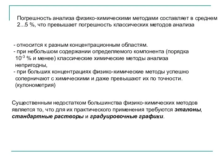 Погрешность анализа физико-химическими методами составляет в среднем 2...5 %, что превышает