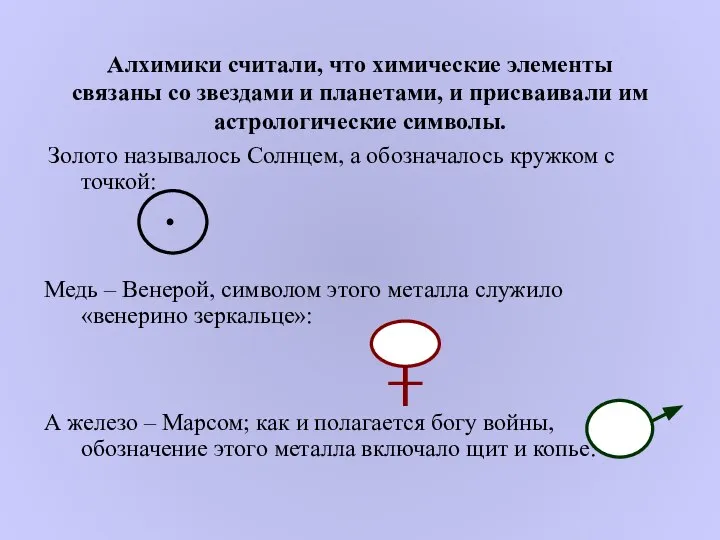 Алхимики считали, что химические элементы связаны со звездами и планетами, и