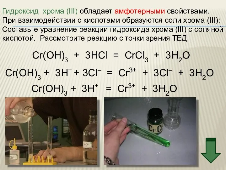 Гидроксид хрома (III) обладает амфотерными свойствами. При взаимодействии с кислотами образуются
