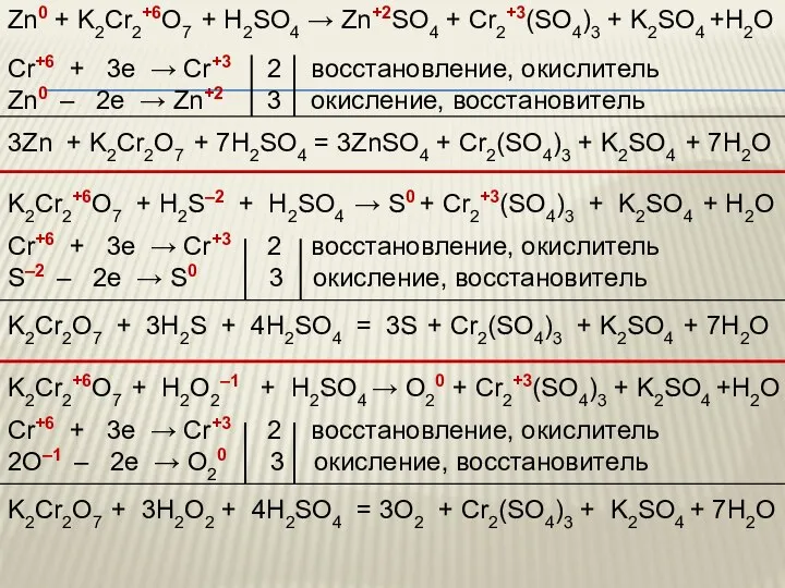 Zn0 + K2Cr2+6O7 + H2SO4 → Zn+2SO4 + Cr2+3(SO4)3 + K2SO4