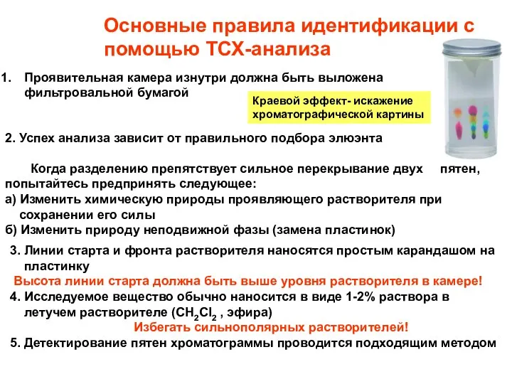 Основные правила идентификации с помощью ТСХ-анализа Проявительная камера изнутри должна быть