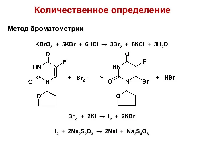 Количественное определение Метод броматометрии KBrO3 + 5KBr + 6HCl → 3Br2