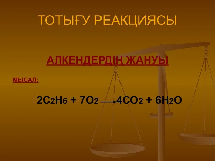 ТОТЫҒУ РЕАКЦИЯСЫ АЛКЕНДЕРДІҢ ЖАНУЫ МЫСАЛ: 2С2Н6 + 7О2 4СО2 + 6Н2О