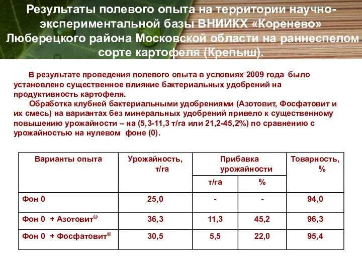 Результаты полевого опыта на территории научно-экспериментальной базы ВНИИКХ «Коренево» Люберецкого района