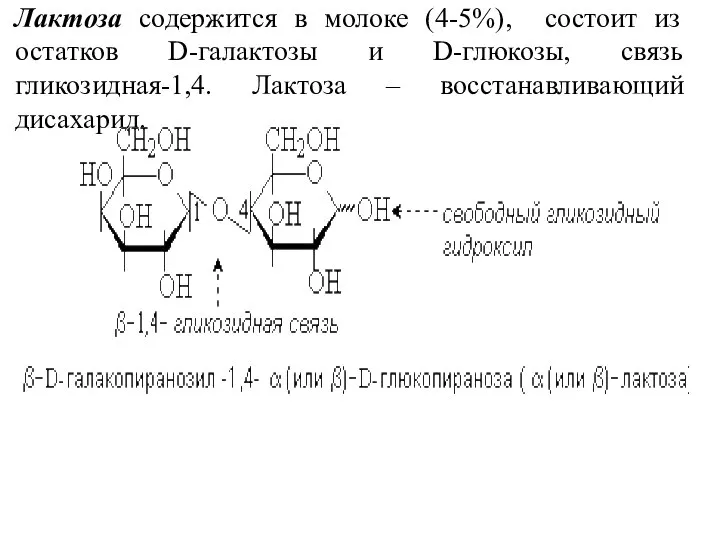 Лактоза содержится в молоке (4-5%), состоит из остатков D-галактозы и D-глюкозы,