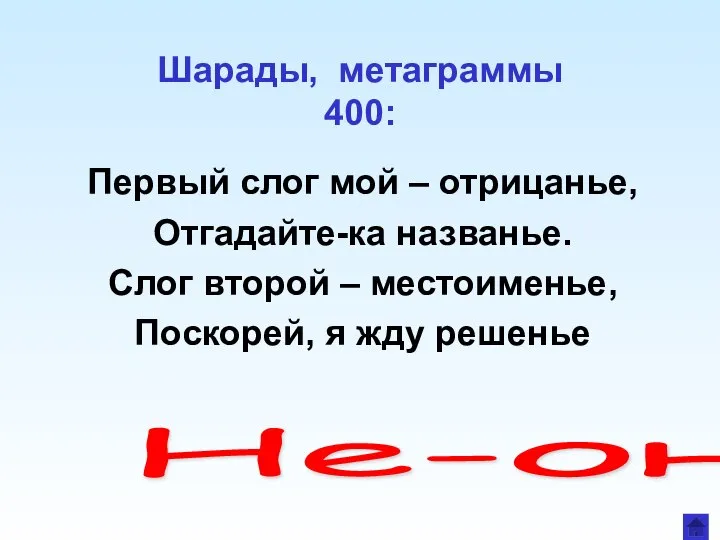 Шарады, метаграммы 400: Первый слог мой – отрицанье, Отгадайте-ка названье. Слог