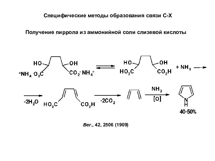 Специфические методы образования связи C-X Получение пиррола из аммонийной соли слизевой кислоты Ber., 42, 2506 (1909)
