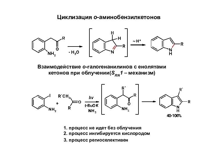 Циклизация о-аминобензилкетонов Взаимодействие о-галогенанилинов с енолятами кетонов при облучении(SRN1 – механизм)