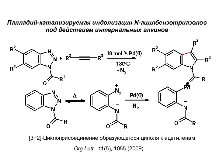 Палладий-катализируемая индолизация N-ацилбензотриазолов под действием интернальных алкинов Org.Lett., 11(5), 1055 (2009) [3+2]-Циклоприсоединение образующегося диполя к ацетиленам