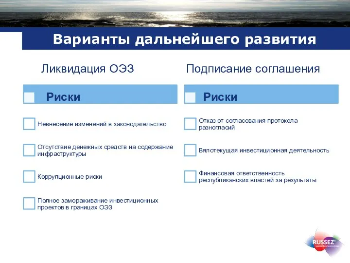 Варианты дальнейшего развития Риски Риски