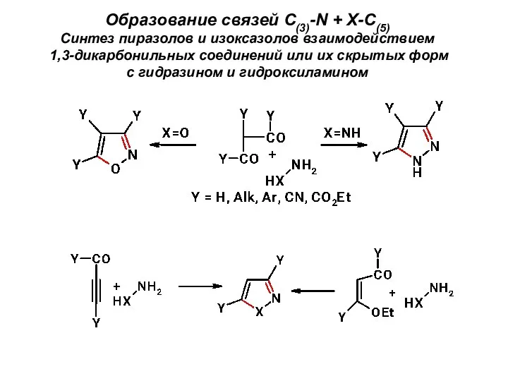 Образование связей С(3)-N + X-C(5) Синтез пиразолов и изоксазолов взаимодействием 1,3-дикарбонильных