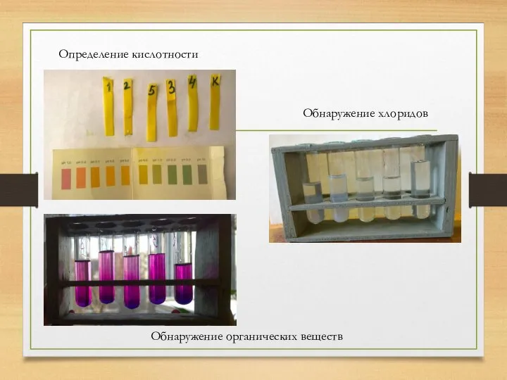 Определение кислотности Обнаружение хлоридов Обнаружение органических веществ