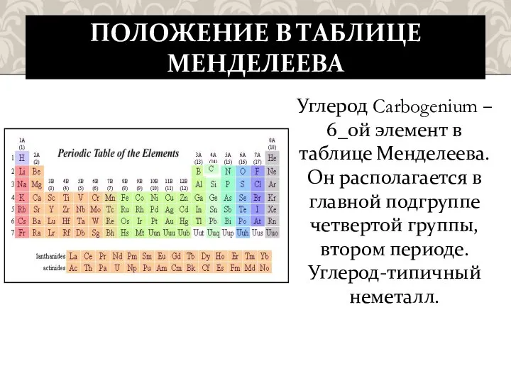 ПОЛОЖЕНИЕ В ТАБЛИЦЕ МЕНДЕЛЕЕВА Углерод Carbogenium – 6_ой элемент в таблице