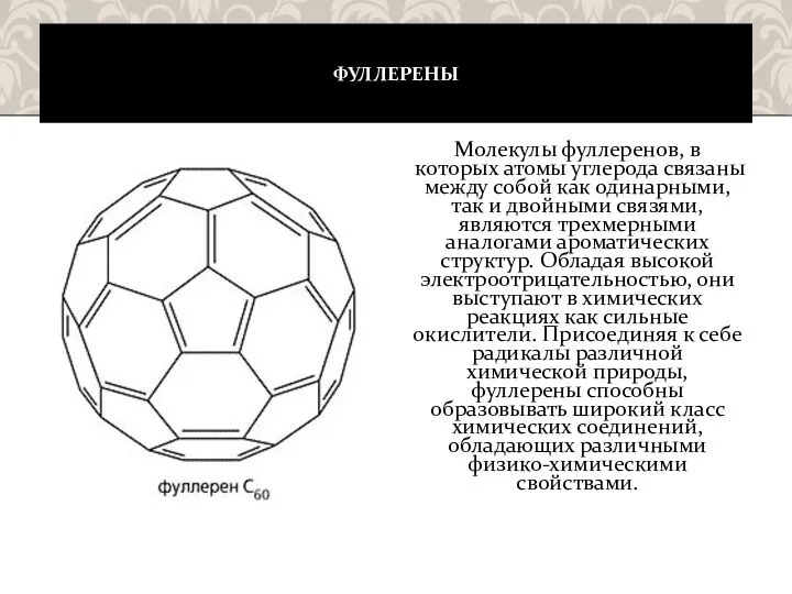 ФУЛЛЕРЕНЫ Молекулы фуллеренов, в которых атомы углерода связаны между собой как