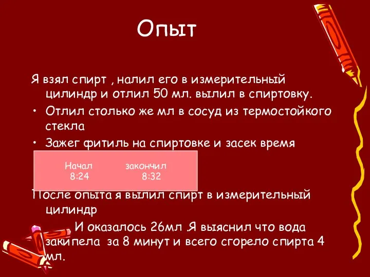 Опыт Я взял спирт , налил его в измерительный цилиндр и