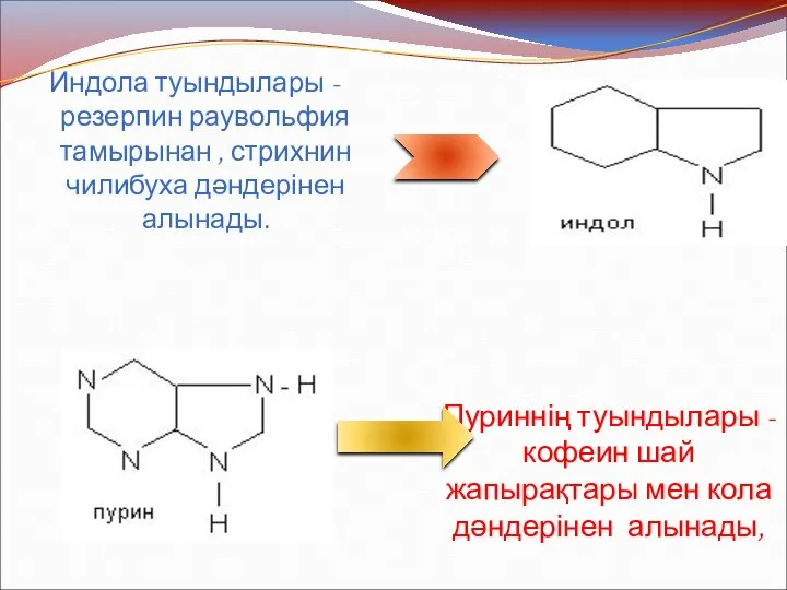 Индола туындылары - резерпин раувольфия тамырынан , стрихнин чилибуха дәндерінен алынады.